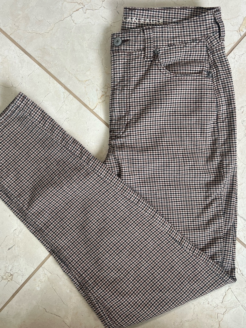 American Eagle Brown Plaid Houndstooth Mom Straight Pants High Rise Stretch 8 XL